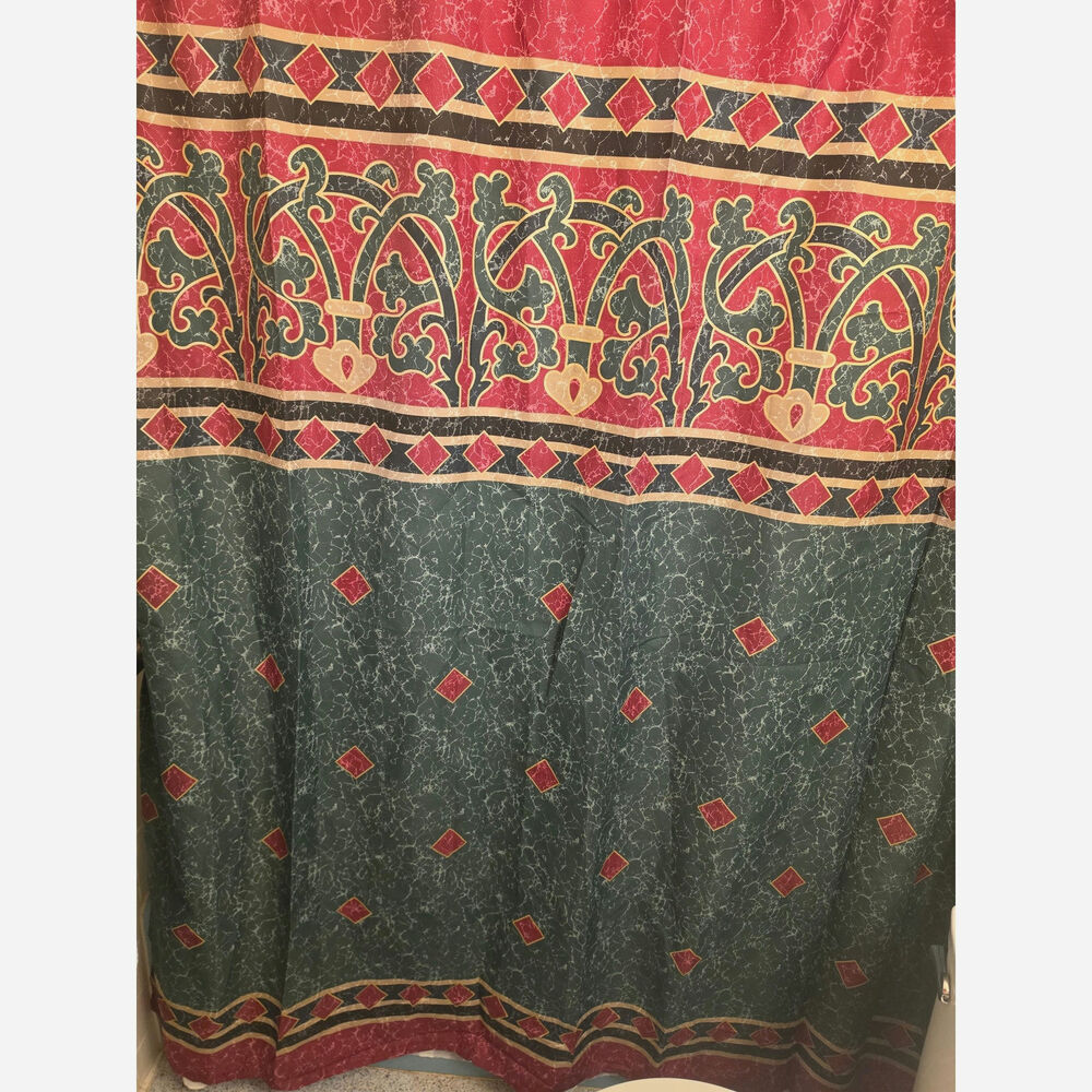 Vintage 90s Shower Curtain Springs Dark Green Burgundy Gold Diamonds 69x69” EUC